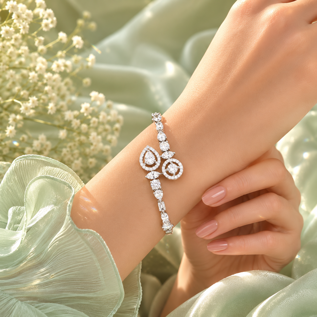 Pure 925 Sterling Silver Designer Bracelet for Women – Elegant Pear & Halo Crystal Bracelet  SBR2500