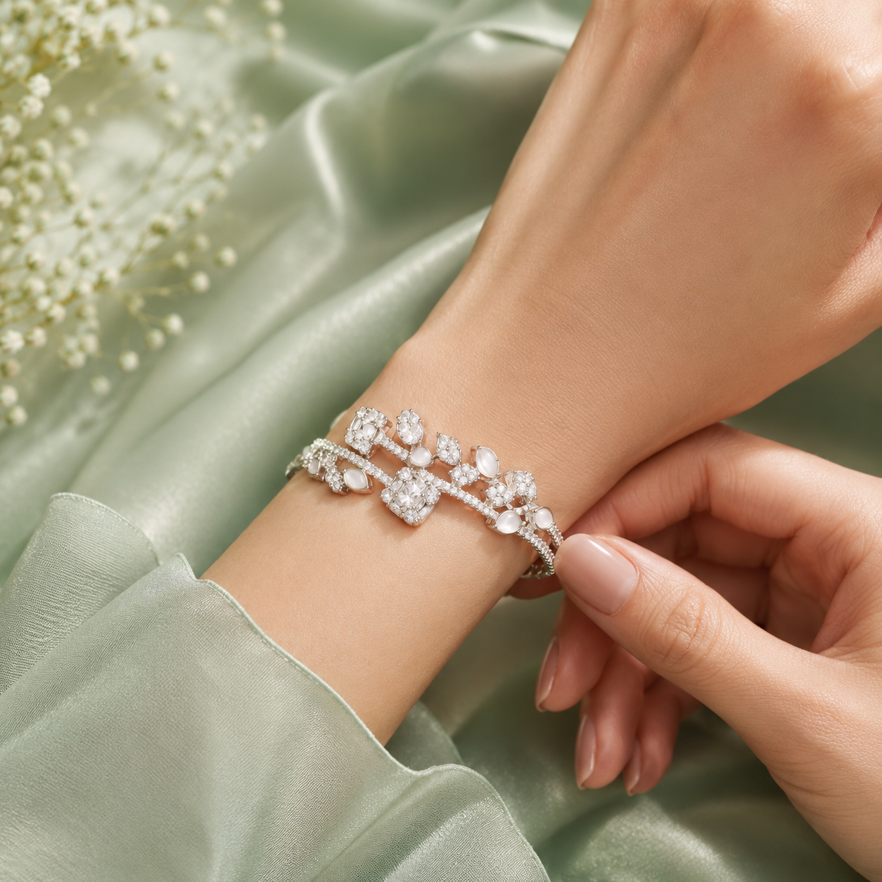 Elegant Floral Design 925 Sterling Silver Open Cuff Bracelet for Women SBR2827