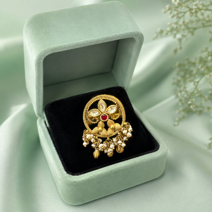 925 Sterling Silver Kundan Floral Pearl Drop Ring | Gold Finish Statement Ring for Women IRM3776