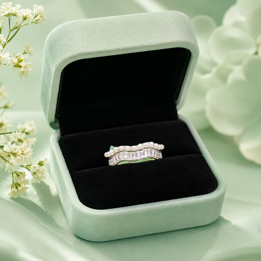 925 Pure Silver Pearl Wave Ring with Baguette Zircon Stones | Elegant Women's Adjustable Ring IRM4132