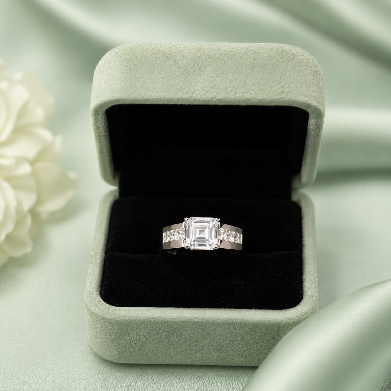 925 Sterling Silver Asscher Cut Solitaire Ring with Princess-Cut Side Stones IRM3845