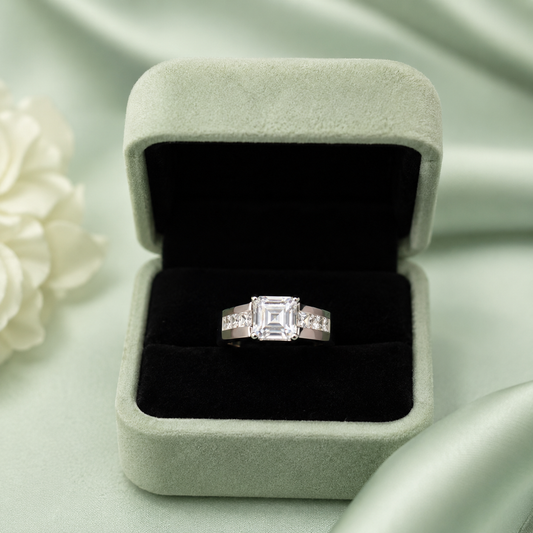 925 Sterling Silver Asscher Cut Solitaire Ring with Princess-Cut Side Stones IRM3845