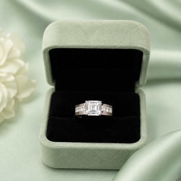 925 Sterling Silver Asscher Cut Solitaire Ring with Princess-Cut Side Stones IRM3845