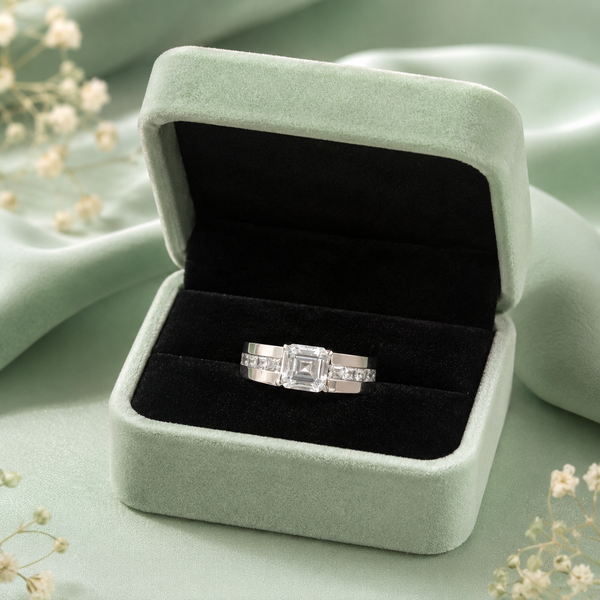 925 Sterling Silver Emerald-Cut Solitaire Ring with Side Stone Accents | Premium Luxury Silver Ring for Women IRM3846