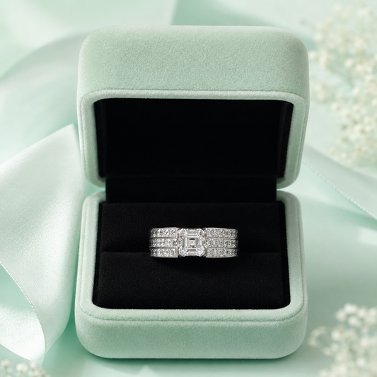 925 Pure Silver Emerald-Cut CZ Statement Ring for Women | Luxury Multi-Row Diamond Look Ring IRM3843