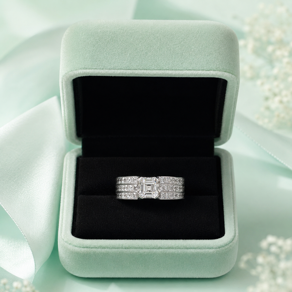 925 Pure Silver Emerald-Cut CZ Statement Ring for Women | Luxury Multi-Row Diamond Look Ring IRM3843