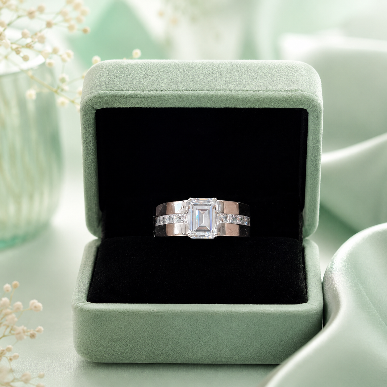 925 Sterling Silver Emerald-Cut Solitaire Ring with Pavé Band | Luxury Silver Engagement & Statement Ring for Women IRM3852