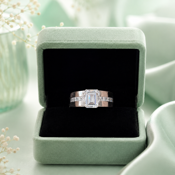 925 Sterling Silver Emerald-Cut Solitaire Ring with Pavé Band | Luxury Silver Engagement & Statement Ring for Women IRM3852
