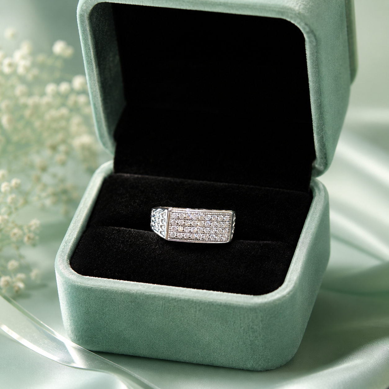 925 Pure Silver Diamond-Studded Rectangular Signet Ring for Men | Premium CZ Stone Ring IRM4774