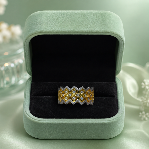 925 Pure Silver Dual-Tone Zigzag Diamond Ring | Premium Designer Statement Band for Women IRM3705