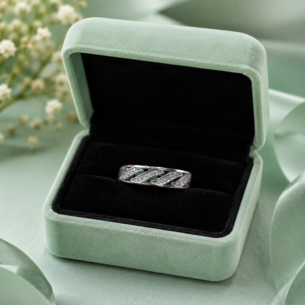 925 Sterling Silver Green Enamel CZ Wave Band Ring for Women | Elegant Designer Silver Ring IRM3888