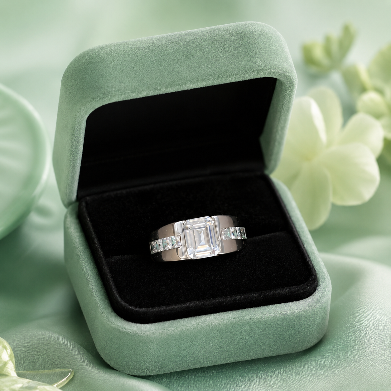 925 Sterling Silver Emerald-Cut Solitaire Ring with Side Stone Accents irm3998