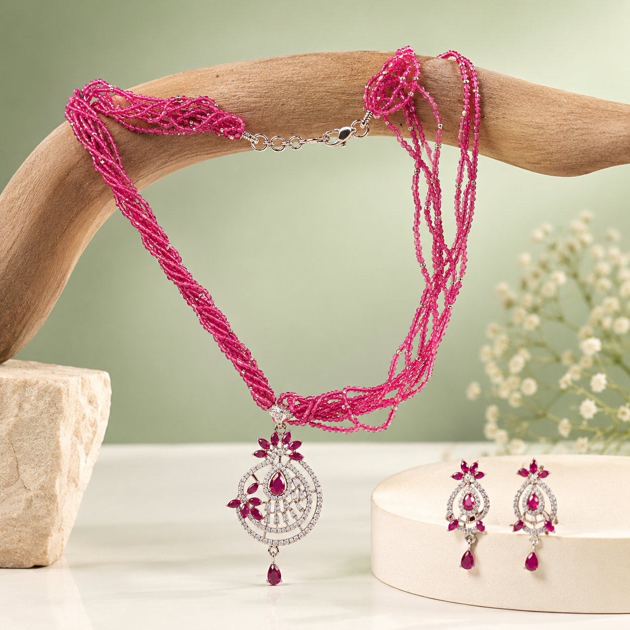 Ruby Pink Beaded Necklace Set with Diamond Finish Pendant  SET811