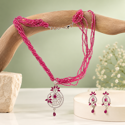 Ruby Pink Beaded Necklace Set with Diamond Finish Pendant  SET811