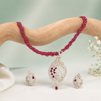 Ruby Red Beaded Necklace Set with Leaf Design Diamond Pendant SET788