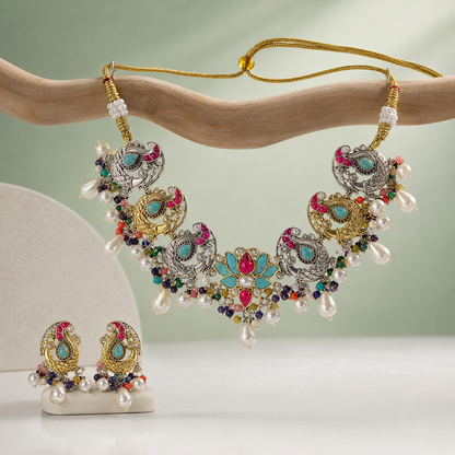 Multicolor Peacock Statement Necklace Set with Pearls & Gemstones SET681