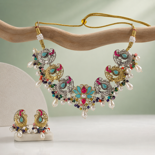 Multicolor Peacock Statement Necklace Set with Pearls & Gemstones SET681