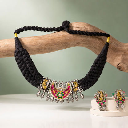 Temple Style Black Thread Choker Necklace with Peacock Motif & Multicolor Stones SET668