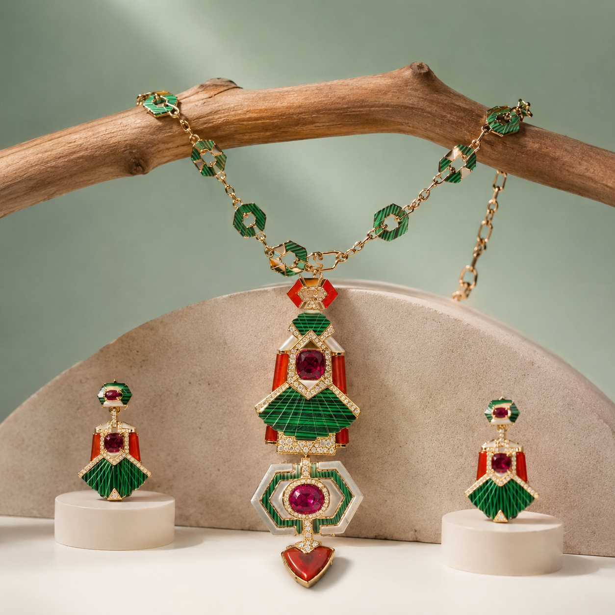 Geometric Designer Necklace Set with Green Enamel & Ruby Stone Pendant SET684