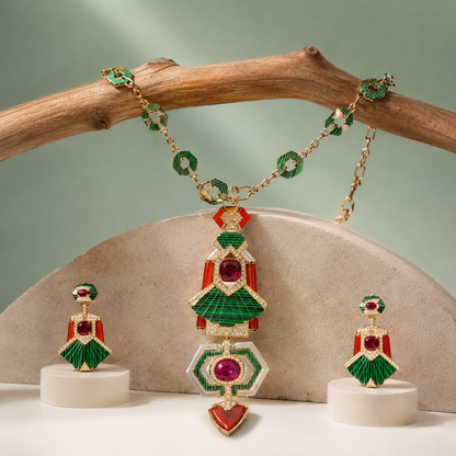 Geometric Designer Necklace Set with Green Enamel & Ruby Stone Pendant SET684