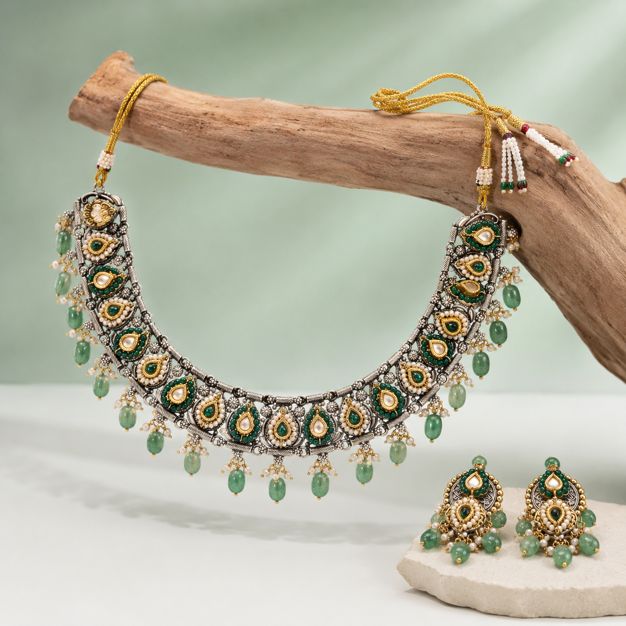Royal Kundan Green Stone Bridal Necklace Set with Beaded Drops SET698