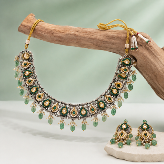 Royal Kundan Green Stone Bridal Necklace Set with Beaded Drops SET698