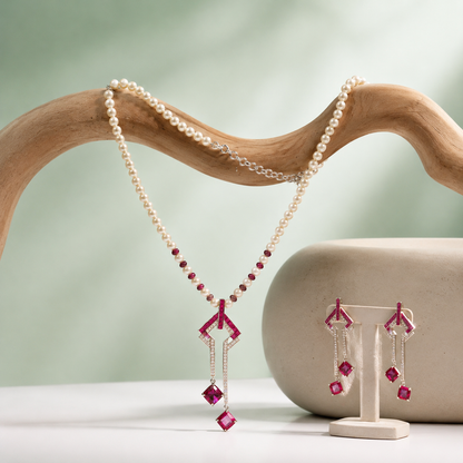 Elegant Pearl & Ruby Drop Pendant Necklace Set SET817