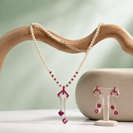 Elegant Pearl & Ruby Drop Pendant Necklace Set SET817