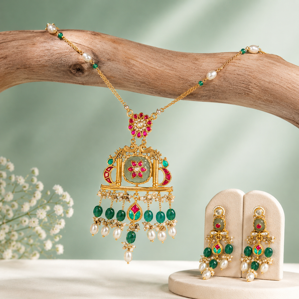 Traditional Kundan Pearl & Green Stone Pendant Necklace Set SET700