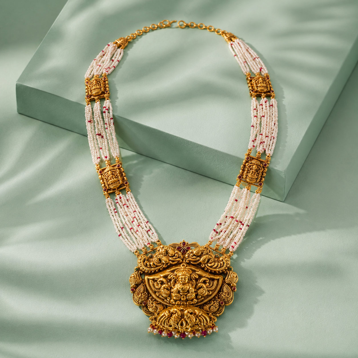Temple Lakshmi Pearl Haar Necklace with Antique Gold Pendant SET909