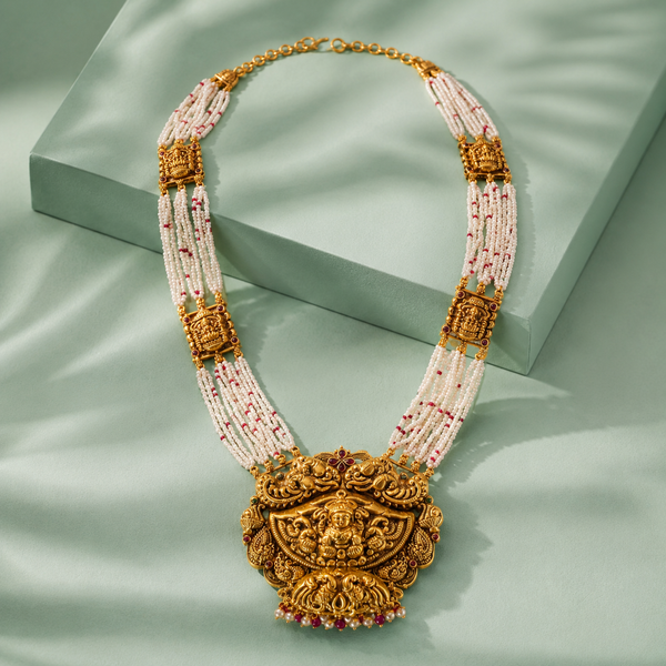 Temple Lakshmi Pearl Haar Necklace with Antique Gold Pendant SET909