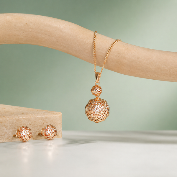 Rose Gold Filigree Ball Pendant & Stud Earrings Set SET961