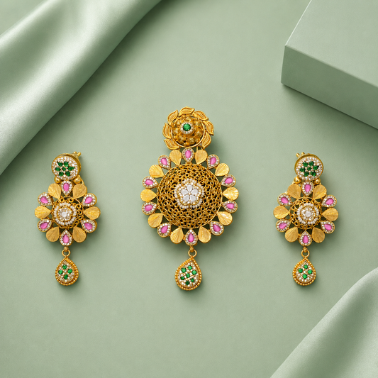 Antique Floral Pendant Necklace Set with Pink & Green Stones SET1008