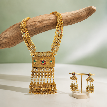 Royal Antique Long Temple Necklace Set with Jhumka Earrings SET899