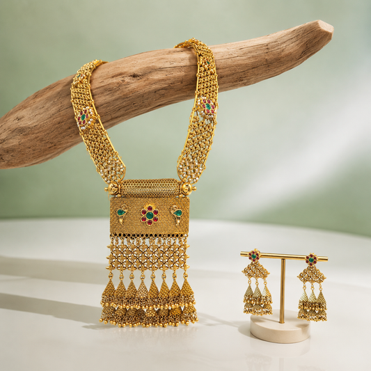Royal Antique Long Temple Necklace Set with Jhumka Earrings SET899