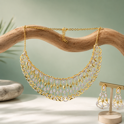 Gold Plated Layered Crystal Choker Necklace Set with Drop Earrings SET88