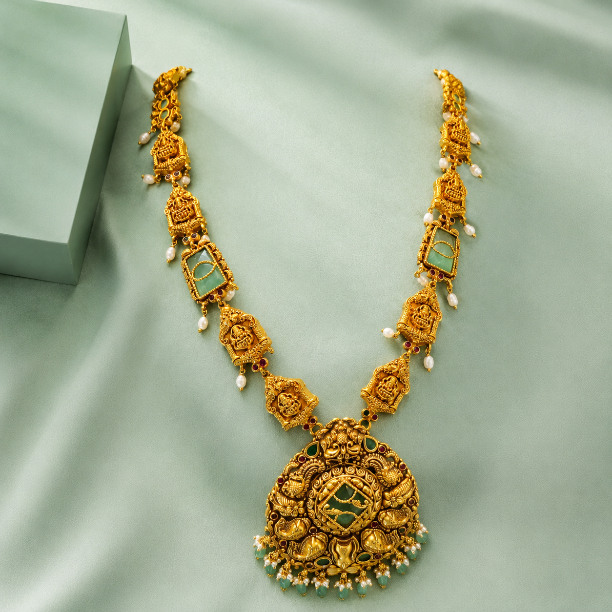 Antique Temple Long Necklace with Lakshmi Motif & Green Stone Pendant SET916