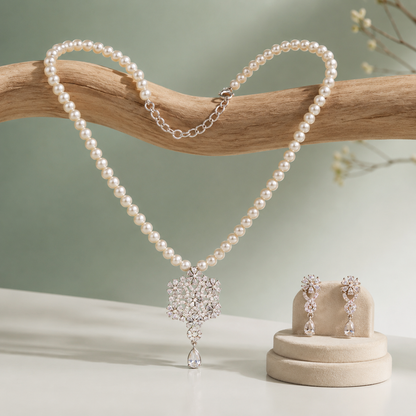 925 Silver Pearl Necklace Set with Floral Diamond Pendant SET818