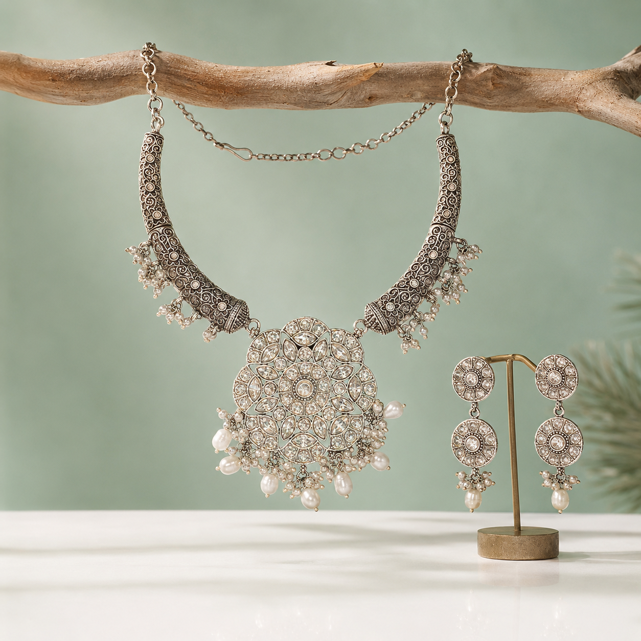 Oxidised Silver Floral Statement Necklace Set with Pearl Drops SET708