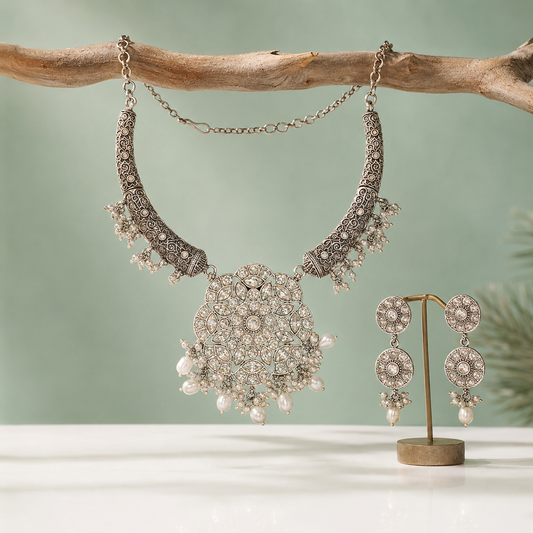 Oxidised Silver Floral Statement Necklace Set with Pearl Drops SET708