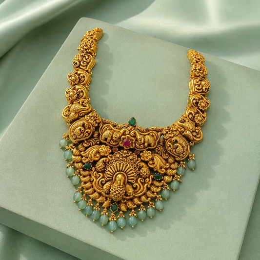 Antique Temple Bridal Necklace with Peacock Motif & Green Beads SET920