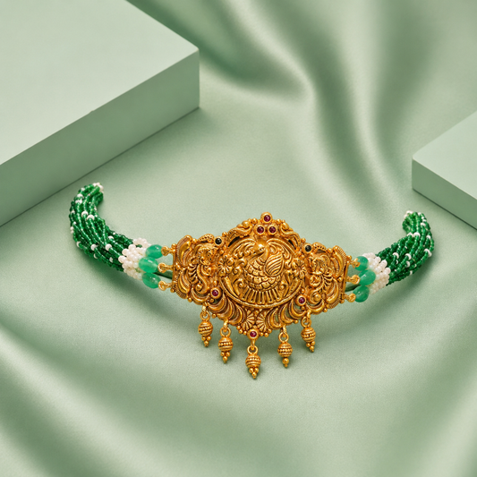 Temple Style Gold Choker Necklace with Green Beads & Peacock Motif SET912