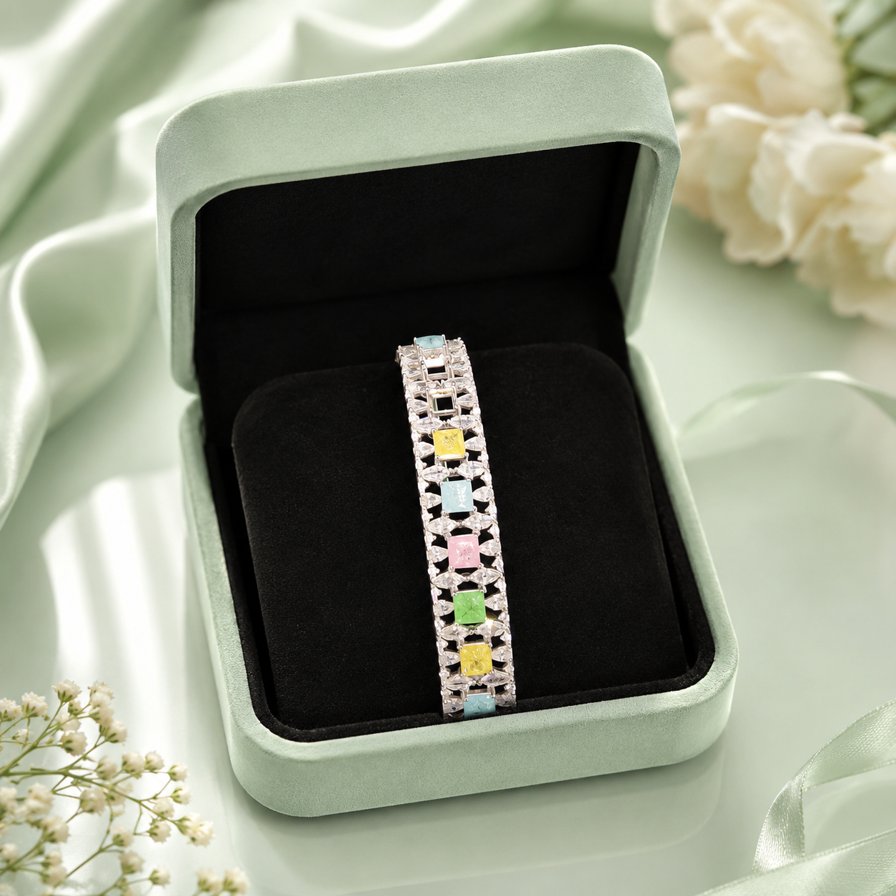 Premium Multicolor Stone 925 Sterling Silver Tennis Bracelet for Women SBR2597