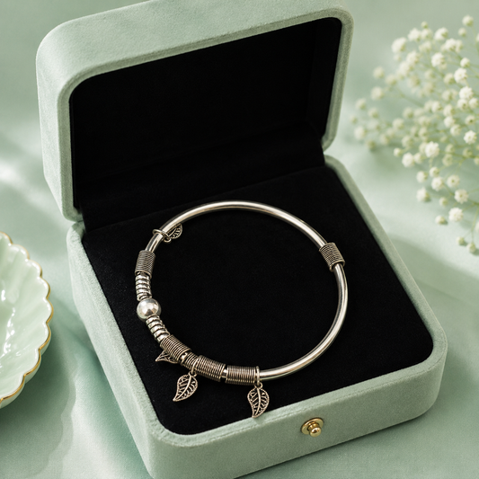 Traditional Oxidised 925 Sterling Silver Charm Bangle Bracelet for Women SBR2445