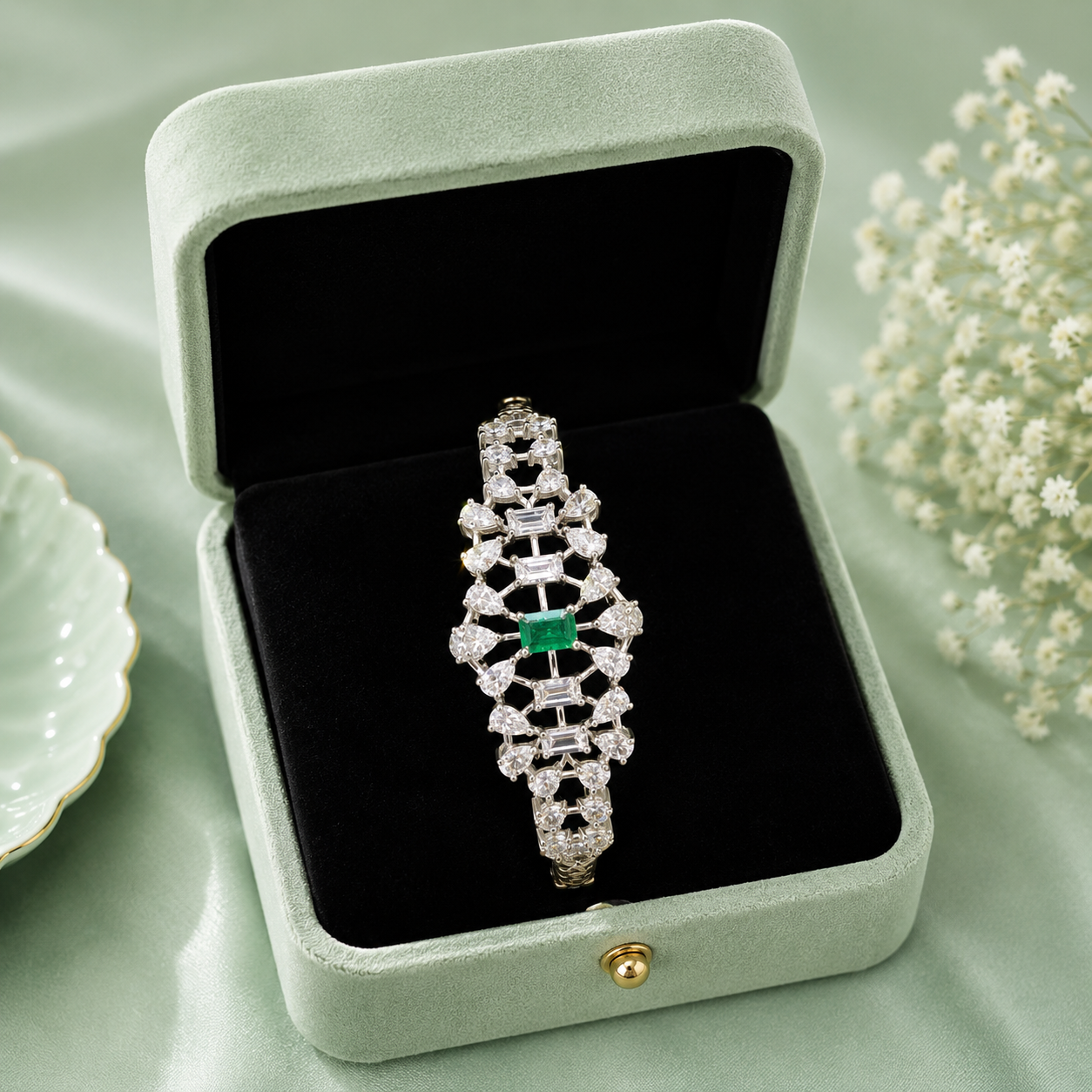 Luxury Emerald Center 925 Sterling Silver Statement Bracelet for Women SBR2495
