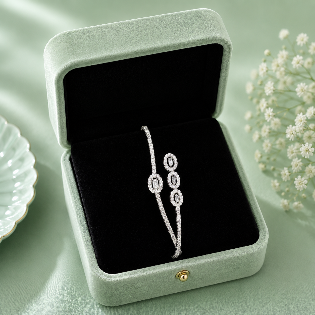 Elegant Oval Halo 925 Sterling Silver Open Cuff Bracelet for Women SBR3064