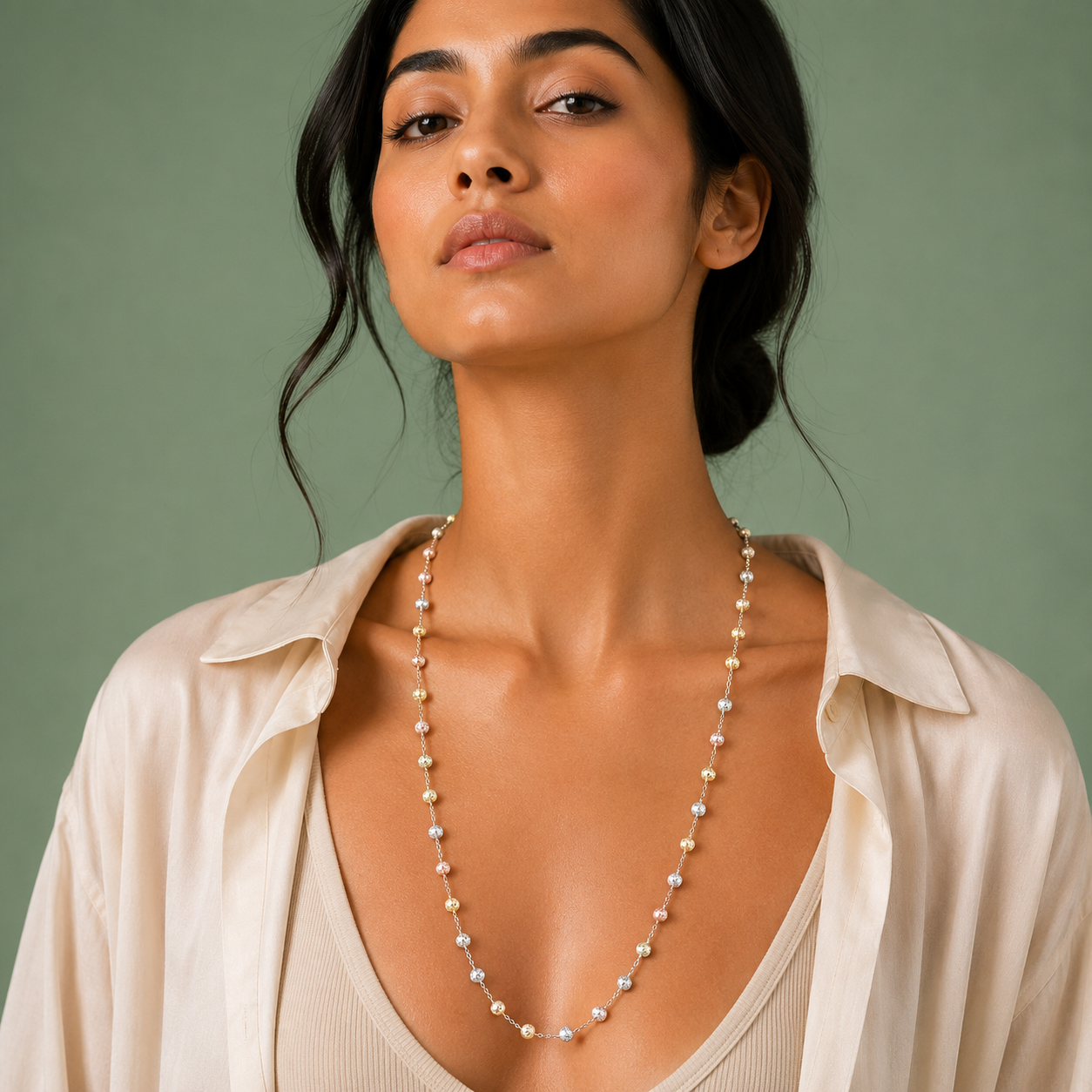 Tri-Tone Beaded Long Necklace – Elegant Everyday Glamour SCH2171
