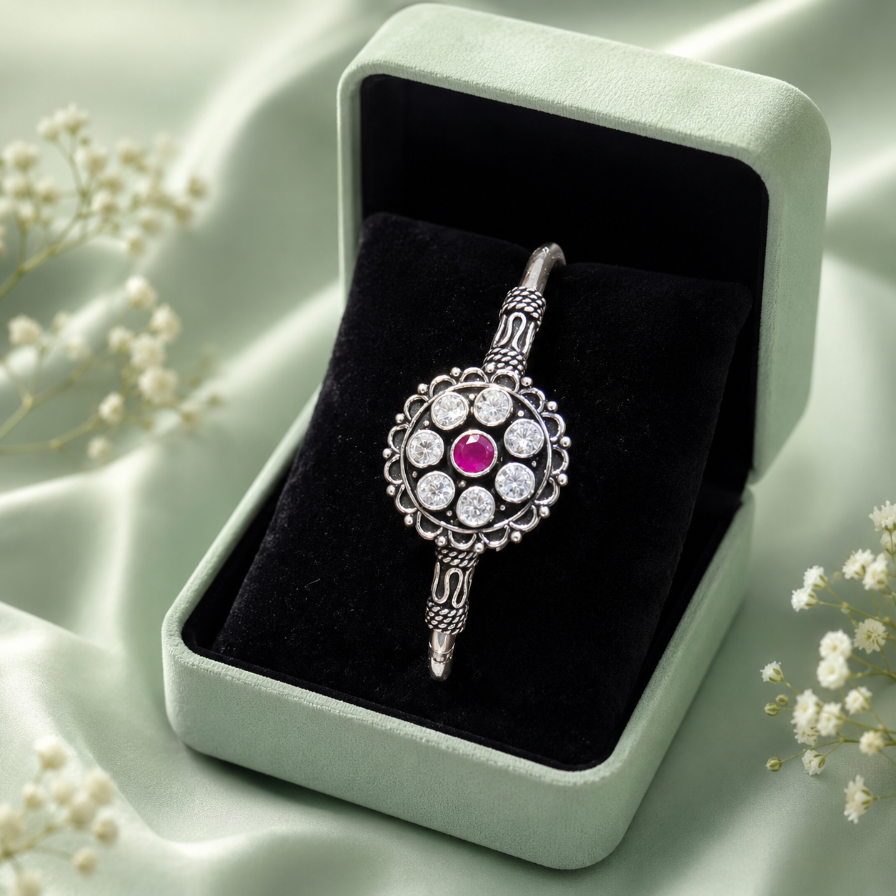 Traditional Ruby Stone 925 Sterling Silver Oxidized Bracelet for Women 2457
