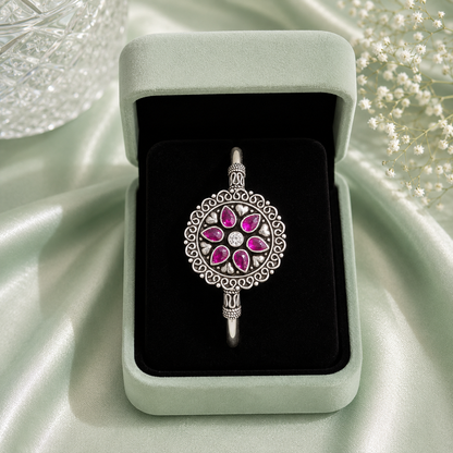 Traditional Ruby Pink Floral 925 Sterling Silver Kada Bracelet for Women SBR2454