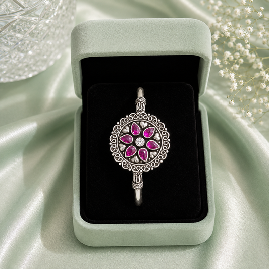 Traditional Ruby Pink Floral 925 Sterling Silver Kada Bracelet for Women SBR2454
